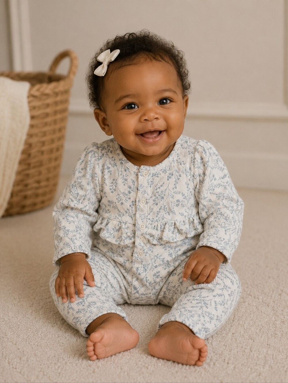 Soft Floral Print Baby One-Piece Romper in Light Blue